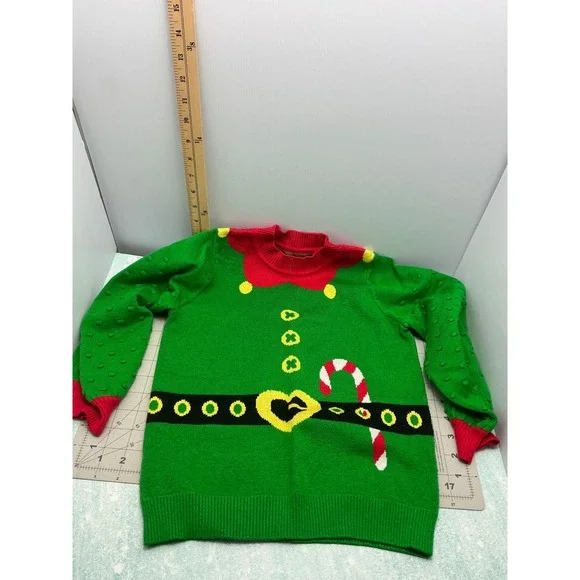 Unbranded Green Elf Christmas Sweater Kids Size 7 Popcorn Sleeve Holiday Knit - Picture 2 of 7